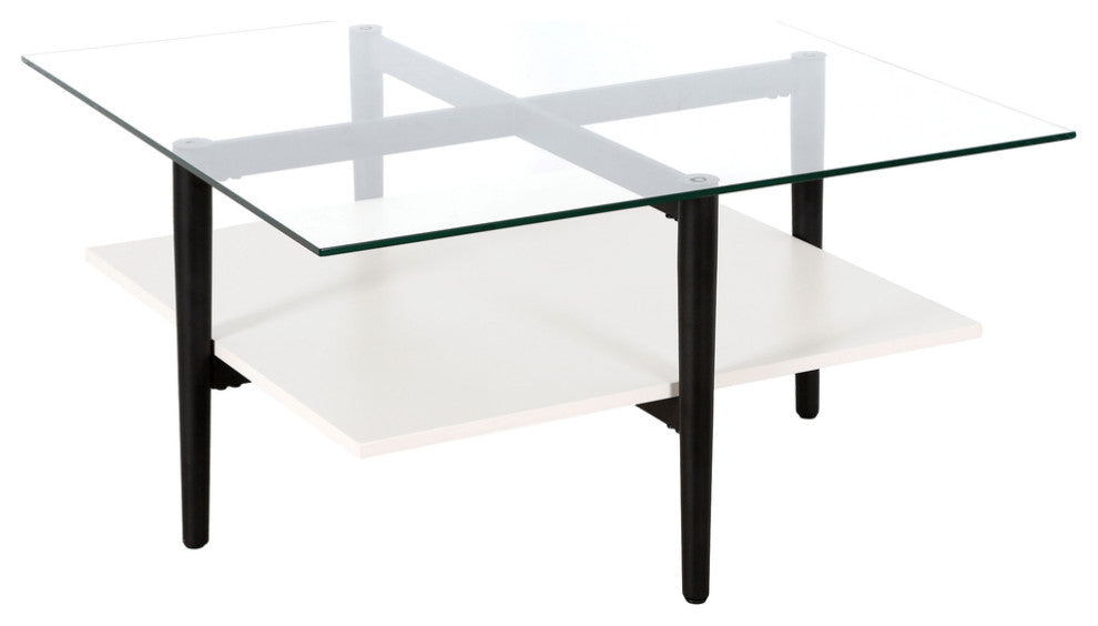 32" White And Black Glass And Steel Square Coffee Table With Shelf