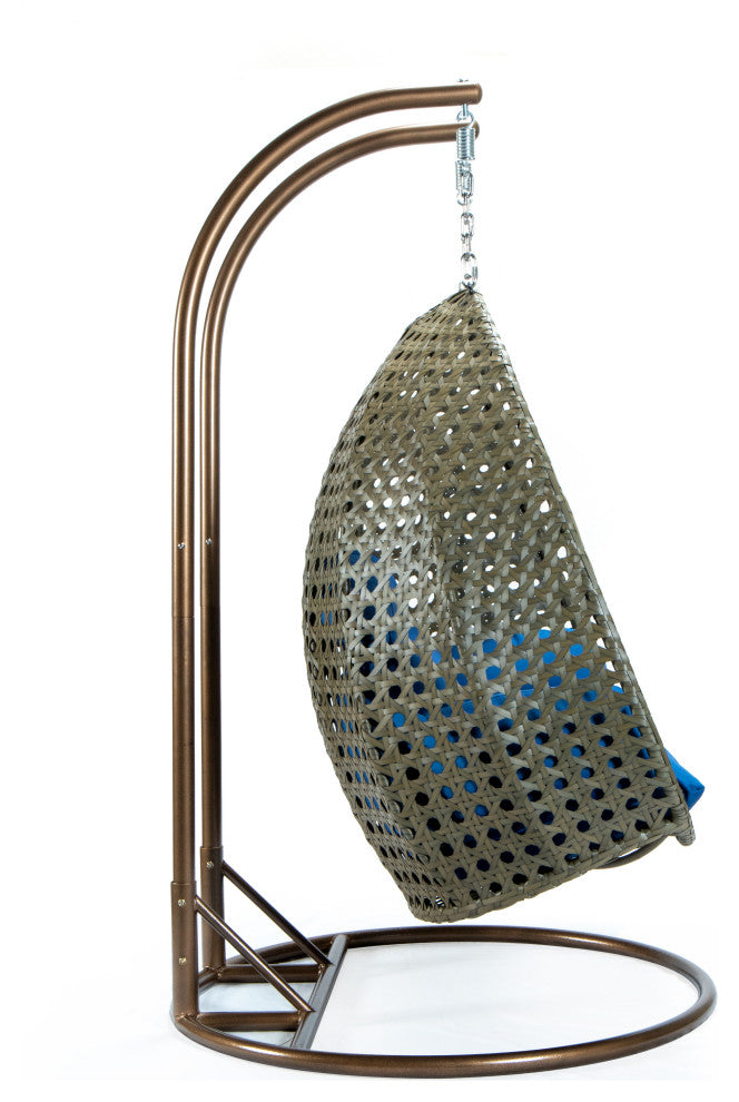 2 Person Beige Wicker Double Hanging Egg Swing Chair, Blue