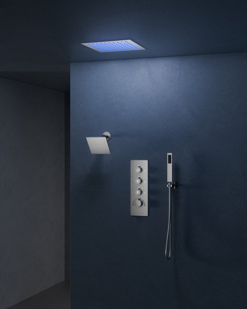 LED Dual Heads 12" Rain Shower System With Thermostatic 3-Way Faucet, Brushed Nickel