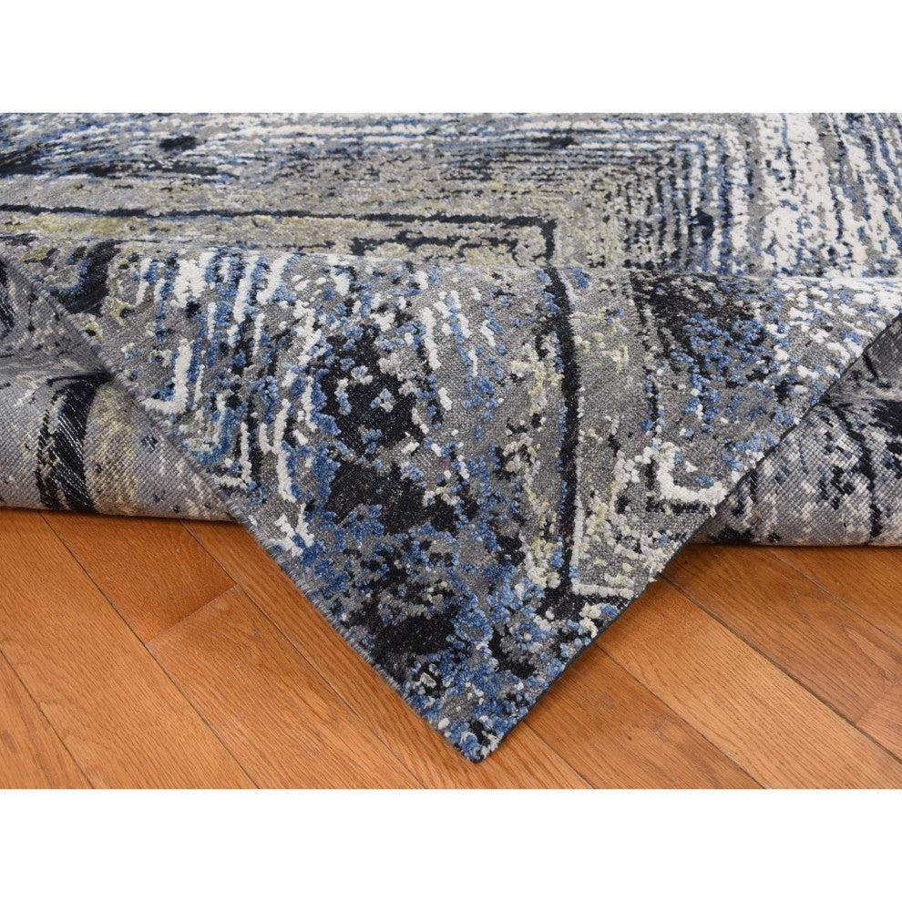 Gray, THE WOOD GRAIN Design, Silk With Wool, Hand Knotted Rug, 9'x12'1"