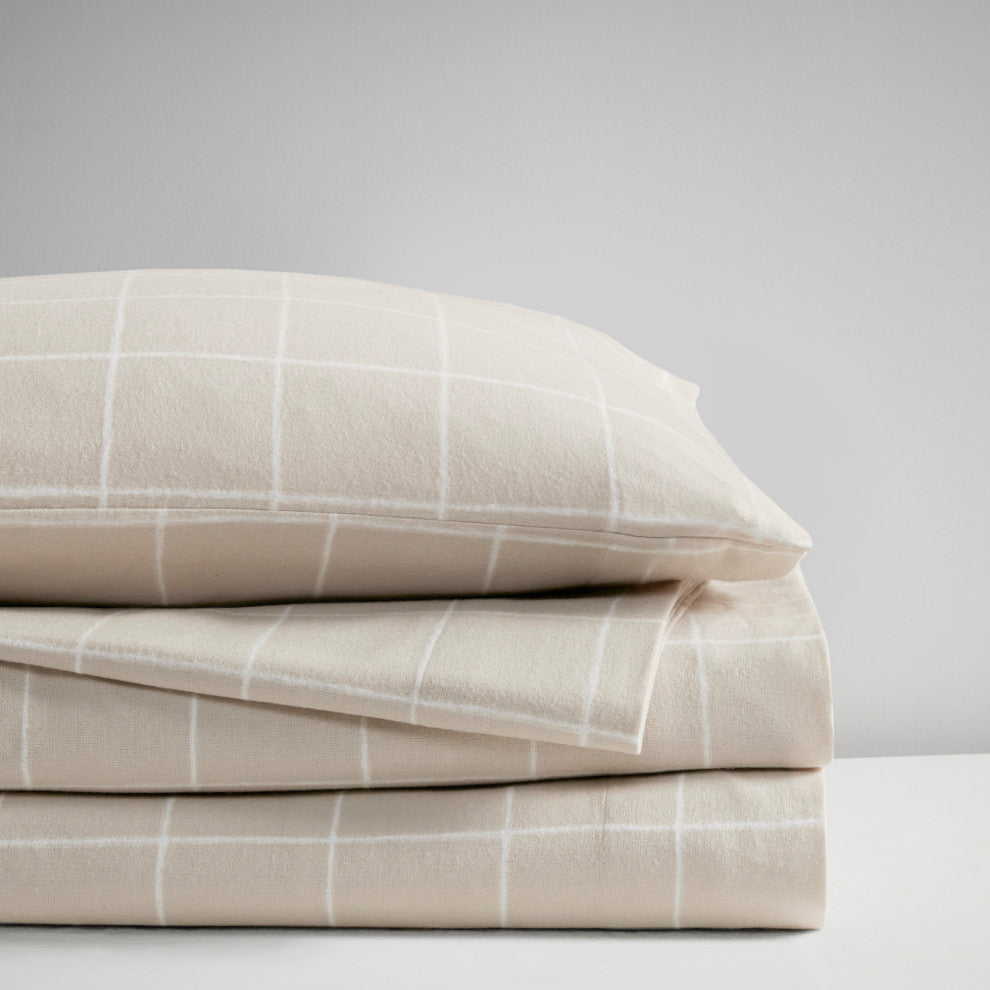 Beautyrest Oversized Flannel 4 Piece Sheet Set, Beige Windowpane