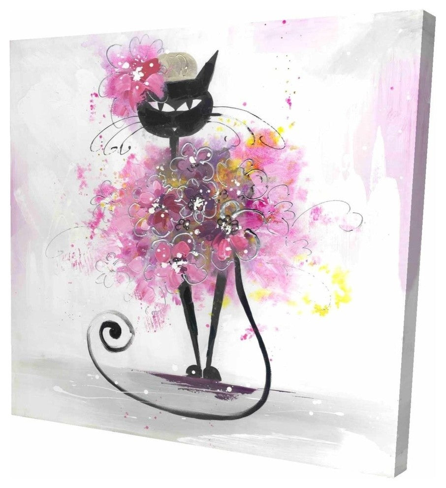 Cartoon Cat With Pink Flowers Print On Wrapped Canvas, 36"x36"