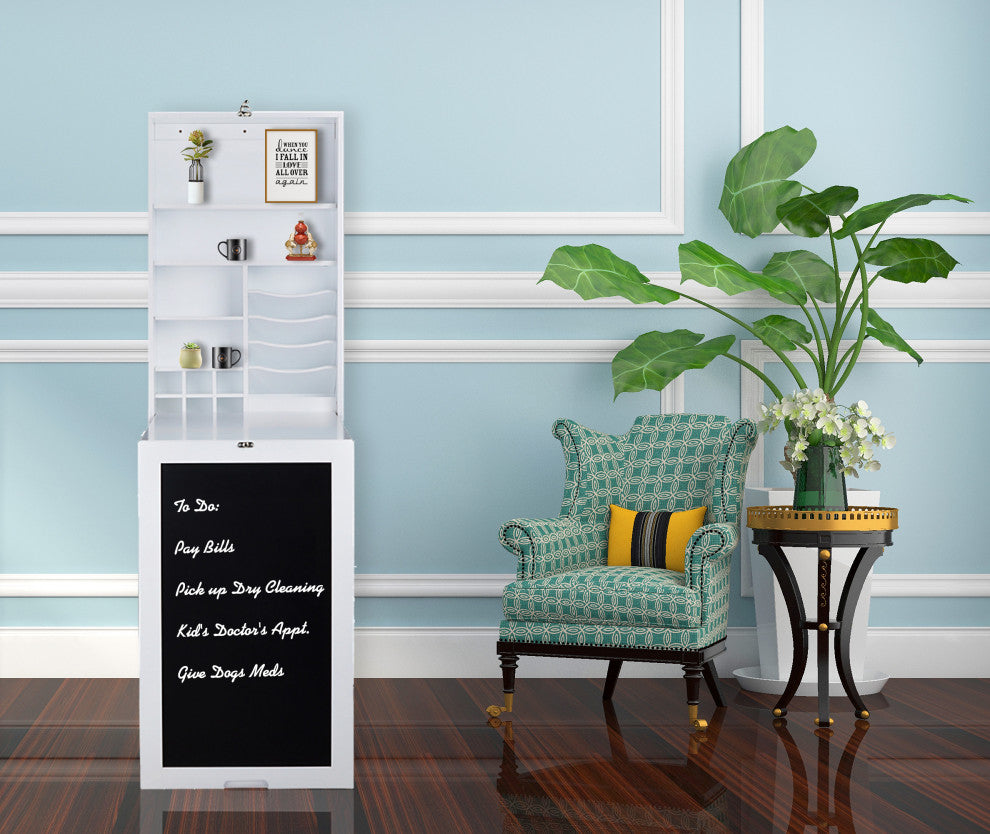 Utopia Alley Fold Down Desk Table Wall Cabinet With Chalkboard, White