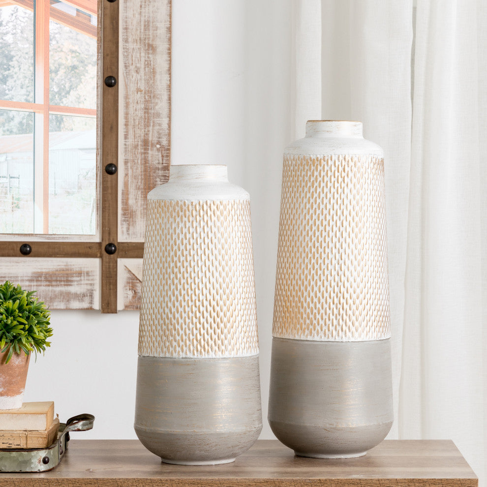 Modern Farmhouse / Modern Industrial Textured Table Metal Vases, Set of 2