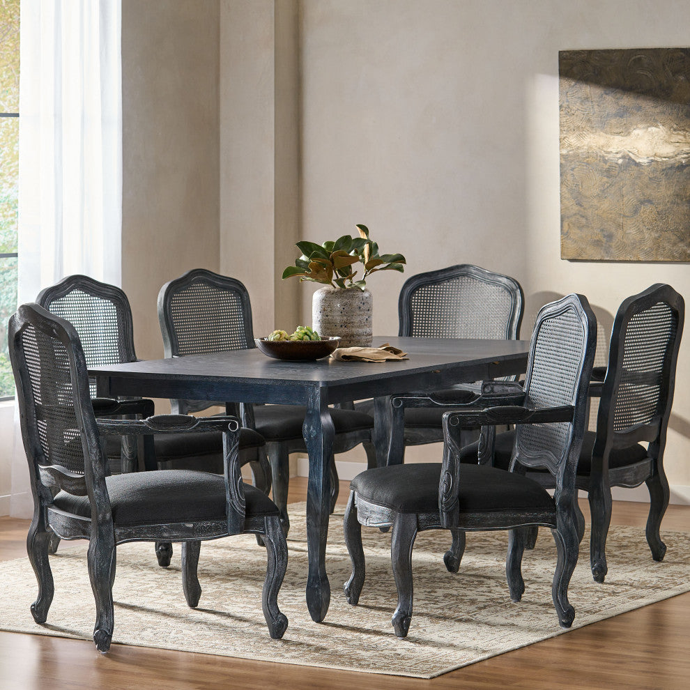 Bonview Fabric Upholstered Wood and Cane Expandable 7-Piece Dining Set, Gray/Black