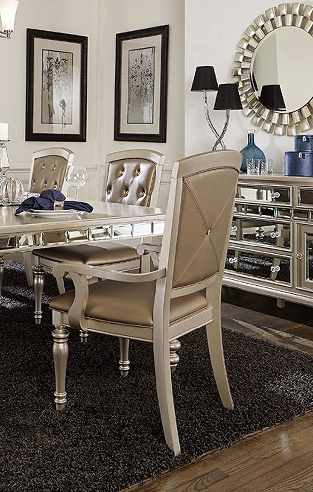 Benzara BM176309 Wood and Leather Dining Side Arm Chair , Silver, Set of 2