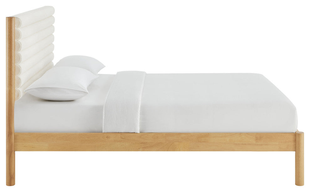 Olea Channel Tufted Boucle Solid Wood Full Platform Bed, Feather Oak
