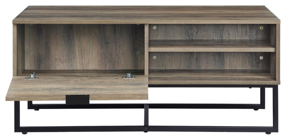 Coffee Table With 2 Open Compartments, Rustic Oak and Black