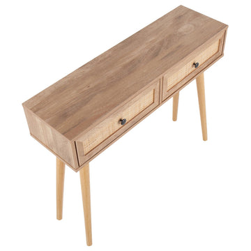 Bora Bora Contemporary Console Table, Natural Wood With Rattan Accents