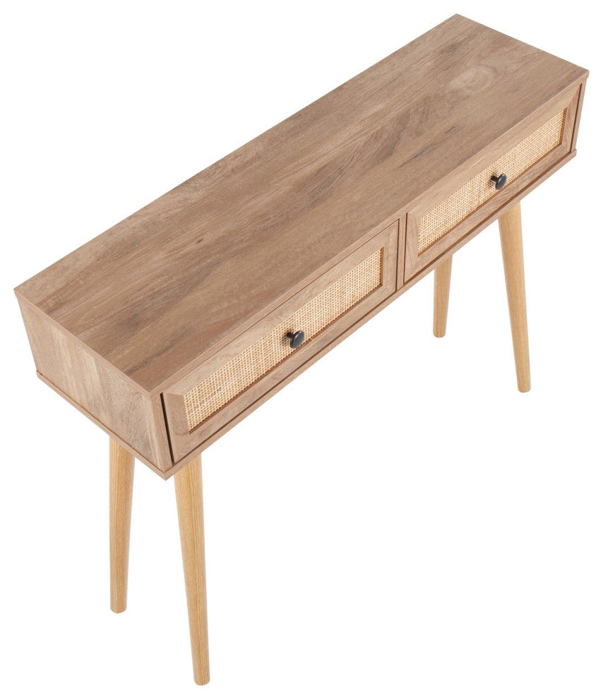 Bora Bora Contemporary Console Table, Natural Wood With Rattan Accents