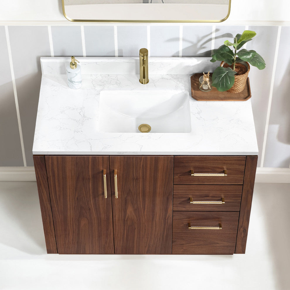 San Bath Vanity with Stone Top, Natural Walnut, 42", Single Vanity, No Mirror