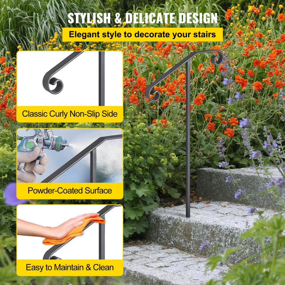 Handrails for 1 - 2 Steps Outdoor Stair Railing Single Post Iron Handrail, Gray