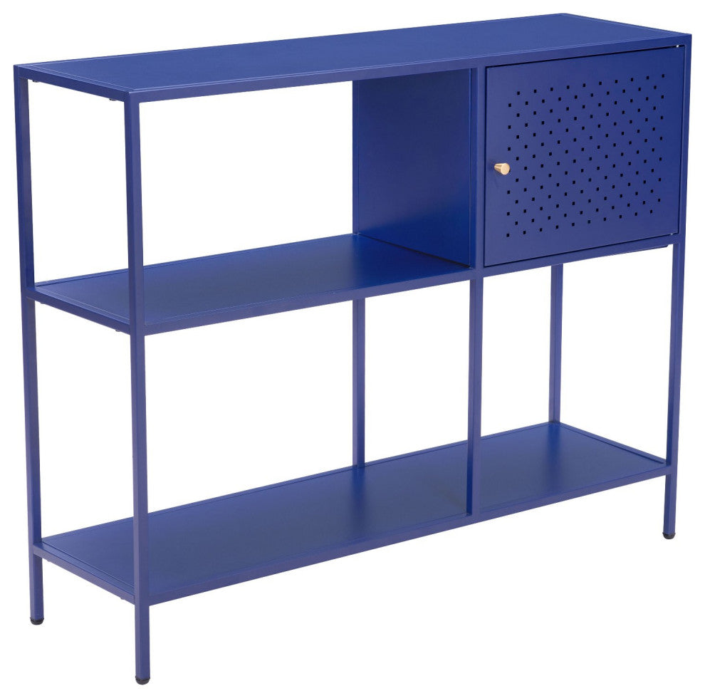 Bookcase Wall Shelf Rack, Steel Metal, Blue, Gold, Lounge Lobby Hospitality