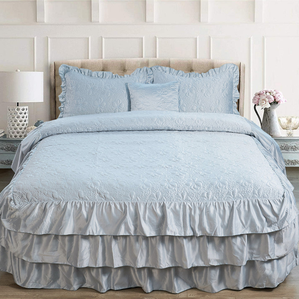 Matte Satin Ruffle 4 Piece Bed Spread Set, Light Blue, Queen