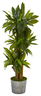 58" Corn Stalk Dracaena Artificial Plant, Black Embossed Tin Planter, Real Touch