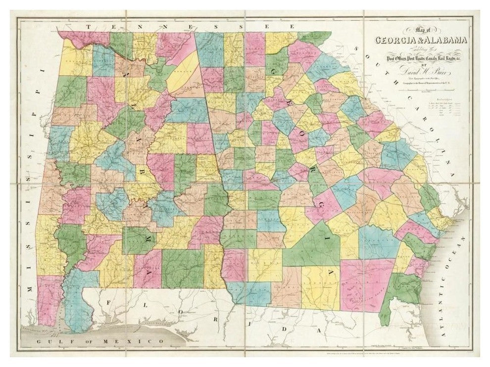 "Map of Georgia & Alabama, 1839" Digital Paper Print by David H. Burr, 42"x32"