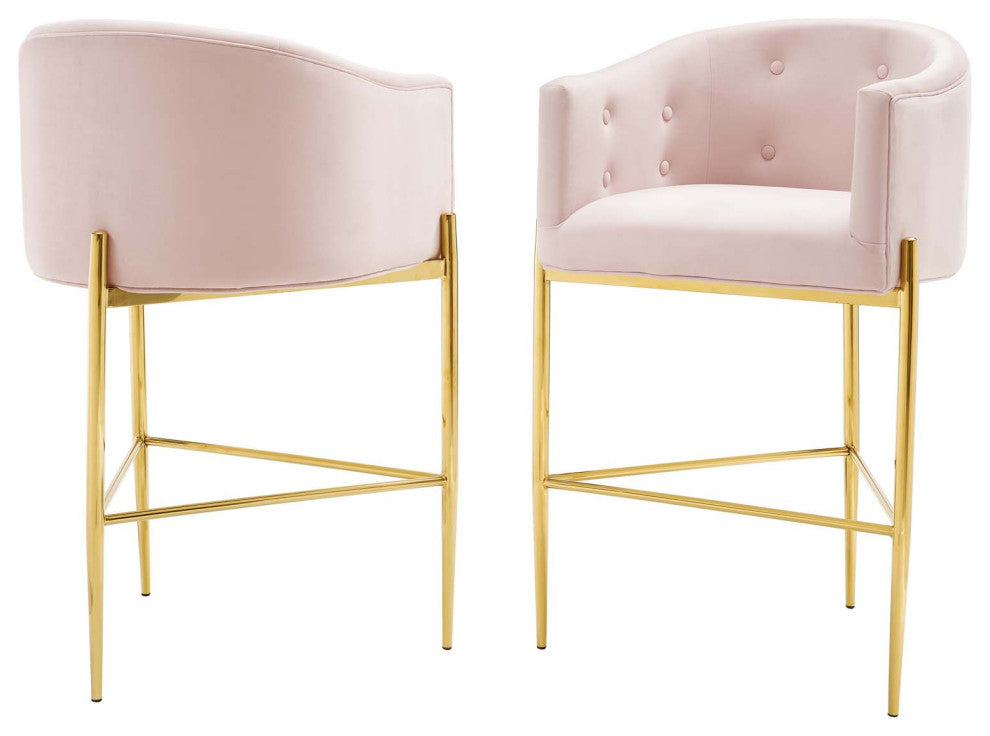Tufted Bar Stool Chair Barstool, Set of 2, Velvet, Metal, Pink, Modern, Bar Pub