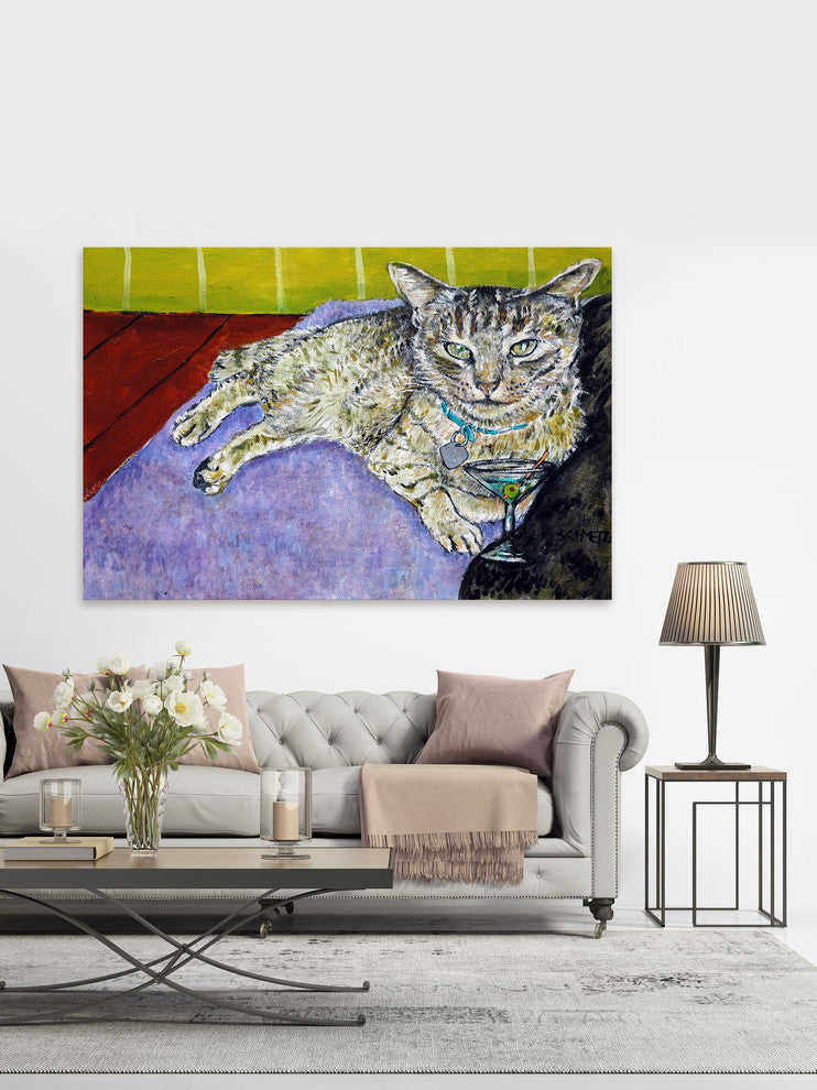 "Cat Martini" Painting Print on Wrapped Canvas, 36"x24"