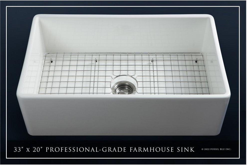 Luxury 33-Inch SOLID Fireclay Farmhouse Sink in White with Accs, Flat Front