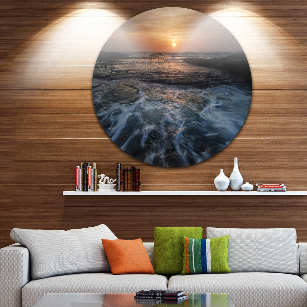 Dark Seashore With Rushing Waves, Modern Beach Round Wall Art, 11"