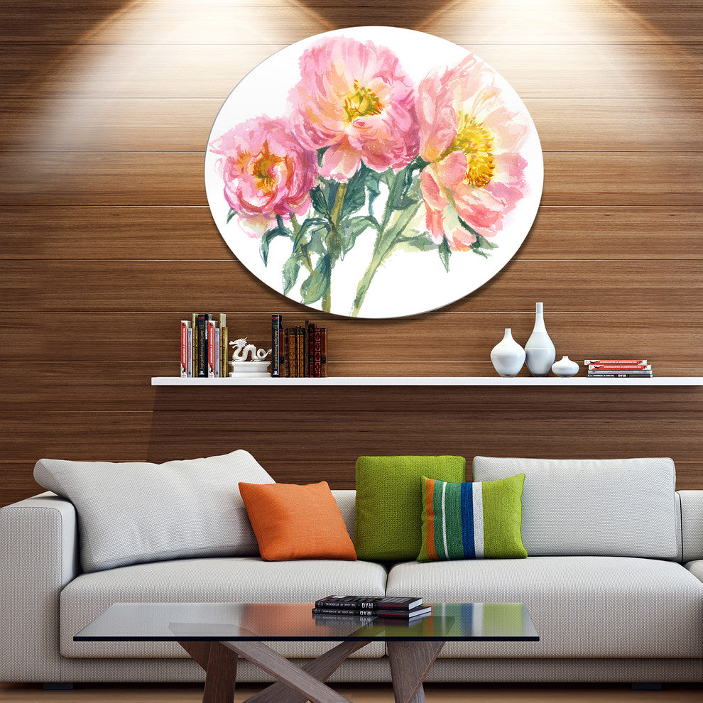 Bouquet Of Pink Peony Watercolor, Flower Large Disc Metal Wall Art, 38"