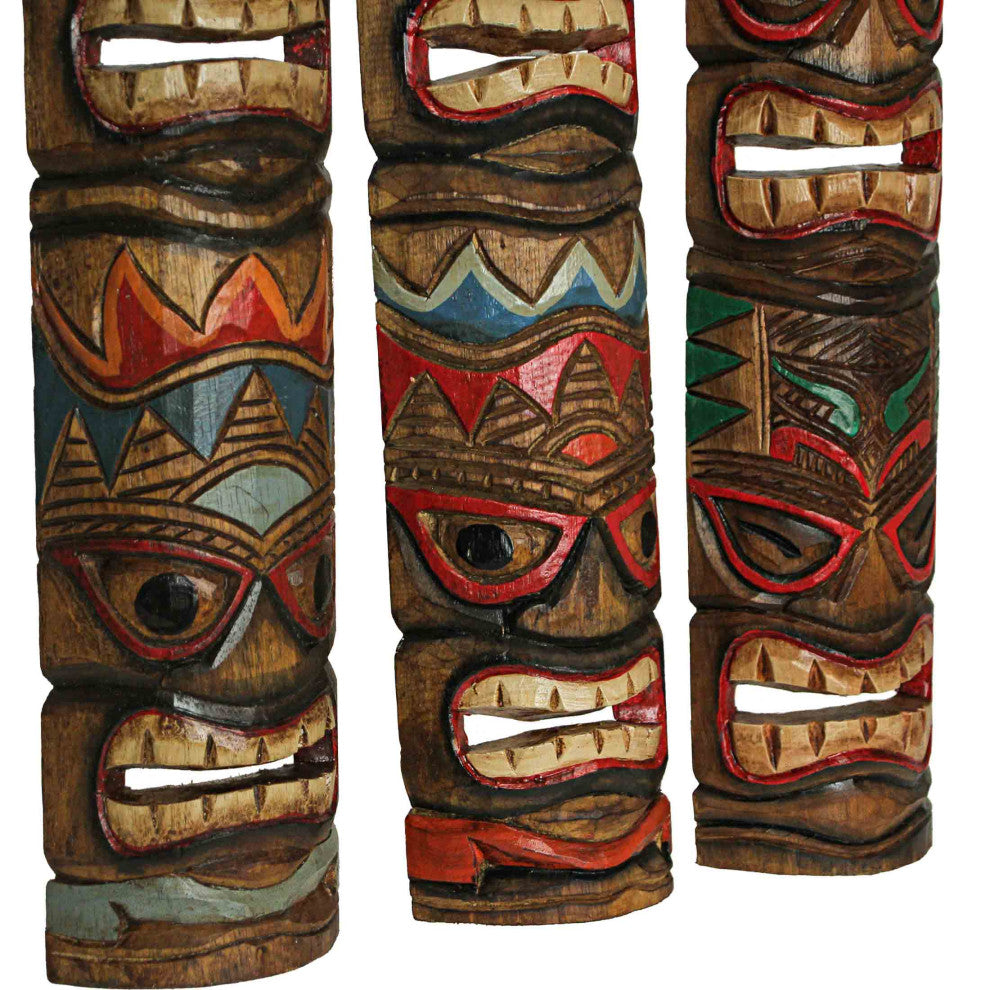 Set of 3 Double Tiki Mask Ocean Totem Hand Carved Wall Decor Sculpture 24 Inch