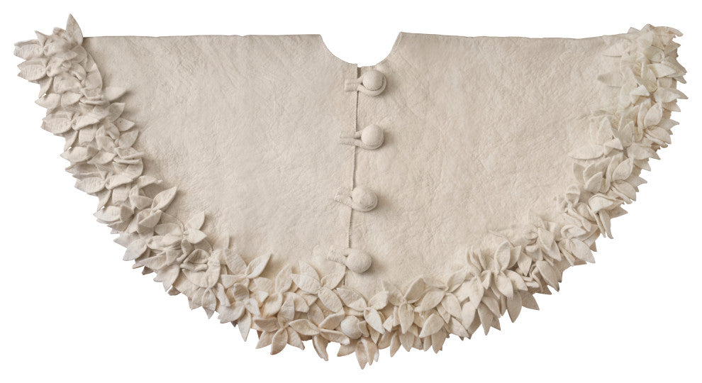 Hand Felted Wool Christmas Tree Skirt Overlapping Flowers Border, Cream 72