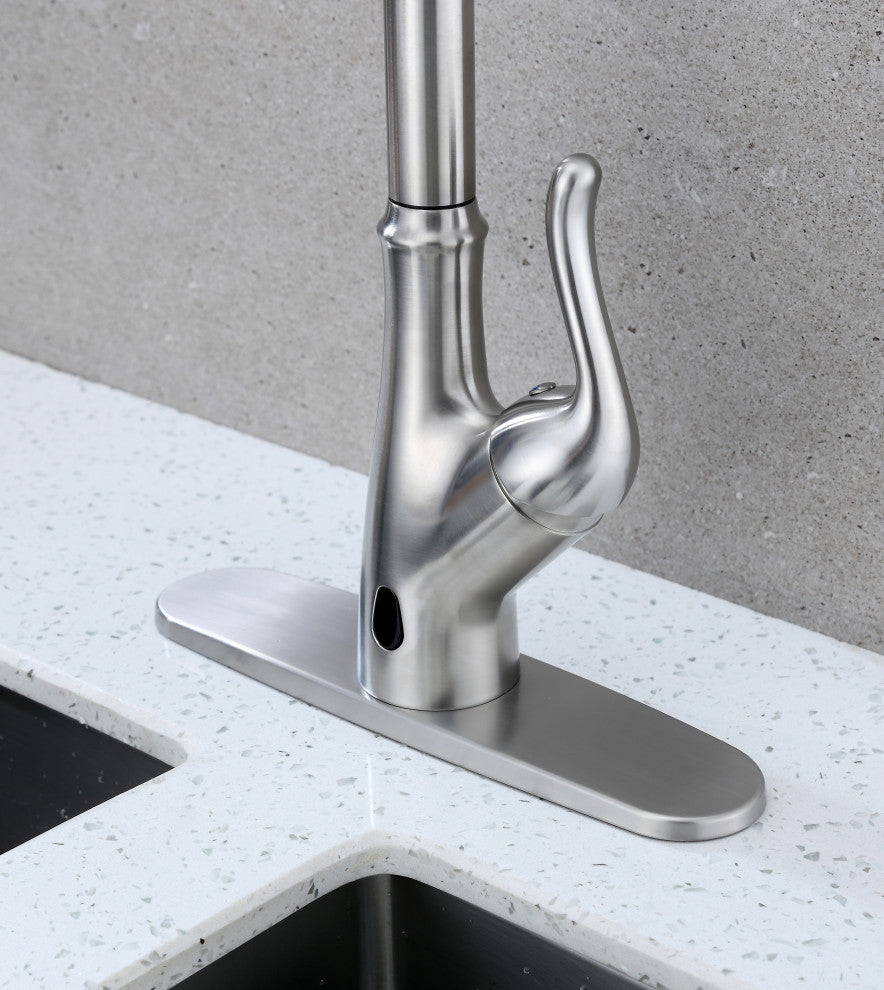 Runfine Hands Free Single-Handle Pull down Sprayer Kitchen Faucet, Brushed Nicke