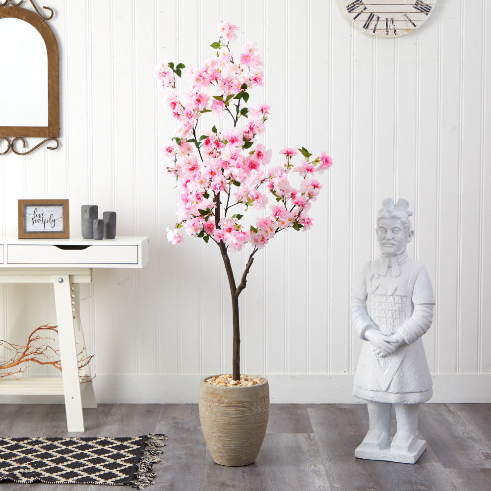 5.5' Cherry Blossom Artificial Tree, Sand Colored Planter