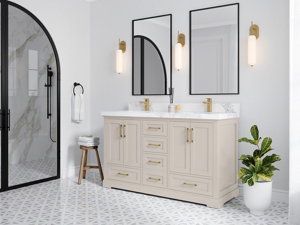 Boston 60" Double Bathroom Vanity in Fine Grain 2" Calacatta Sienna