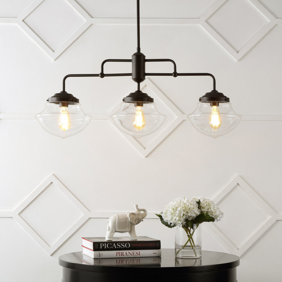 Avery 37.5" 3-Light Industrial Farmhouse Iron/Glass Linear Pendant Bronze/Clear