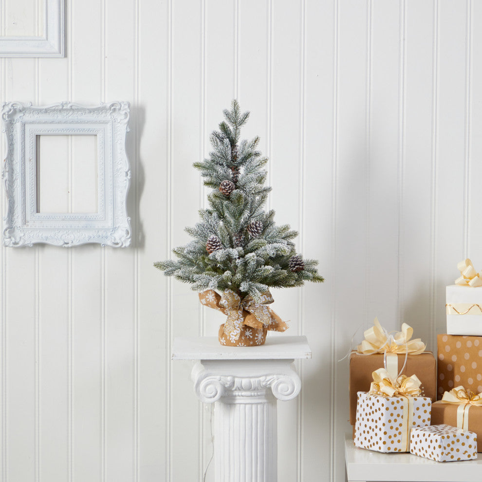 28" Flocked Artificial Christmas Tree With Pine Cones