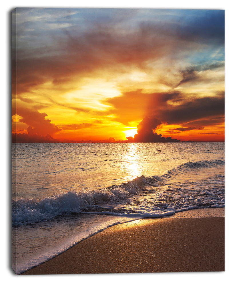 Yellow Sunset Through Dark Clouds, Large Seashore Canvas Print, 28"x60"