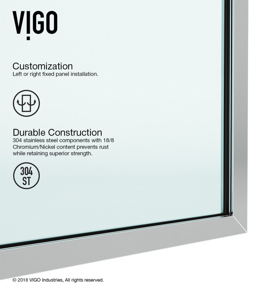 VIGO Zenith Frameless Fixed, Chrome, Shower Screen, 34" W X 74" H, Clear Glass