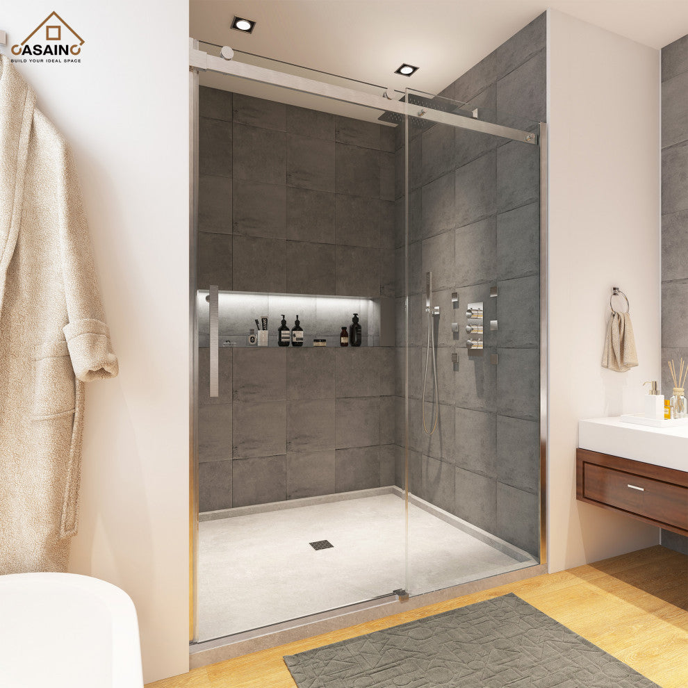 48-in x 76-in Frameless Sliding Shower Door, Brushed Nickel