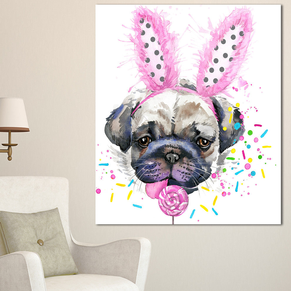 Cute Dog with Pink Feather Hat, Contemporary Animal Art Canvas, 30"x40"