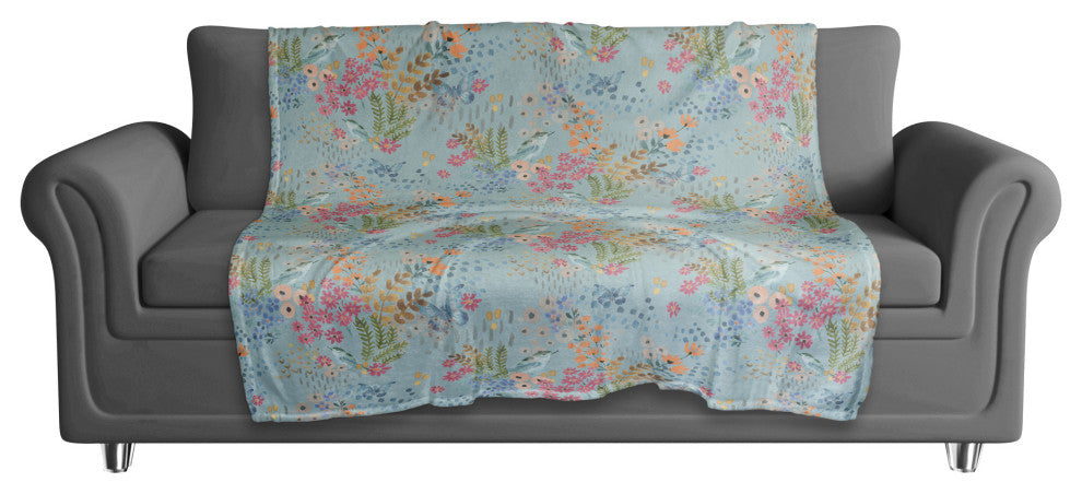 Butterfly Bird Floral on Blue 50x60 Coral Fleece Blanket