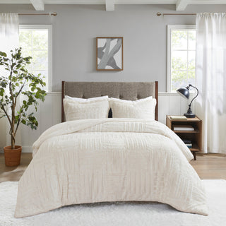 Madison Park Checkboard Brushed Long Fur Comforter Mini Set, Ivory, King/Califor