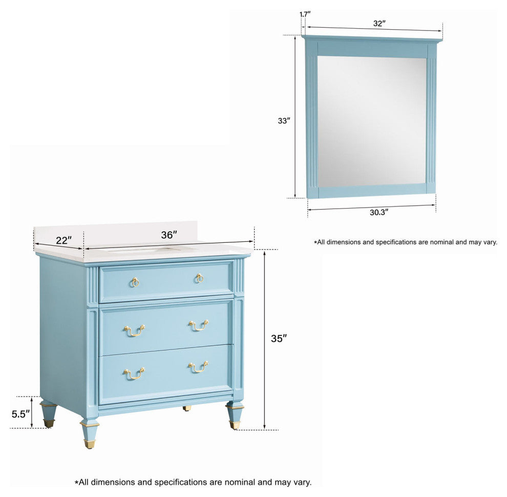 36 In Bathroom Vanity Set with Quartz Top, 32 In Mirror, cUPC Certified Sink, Classic Blue