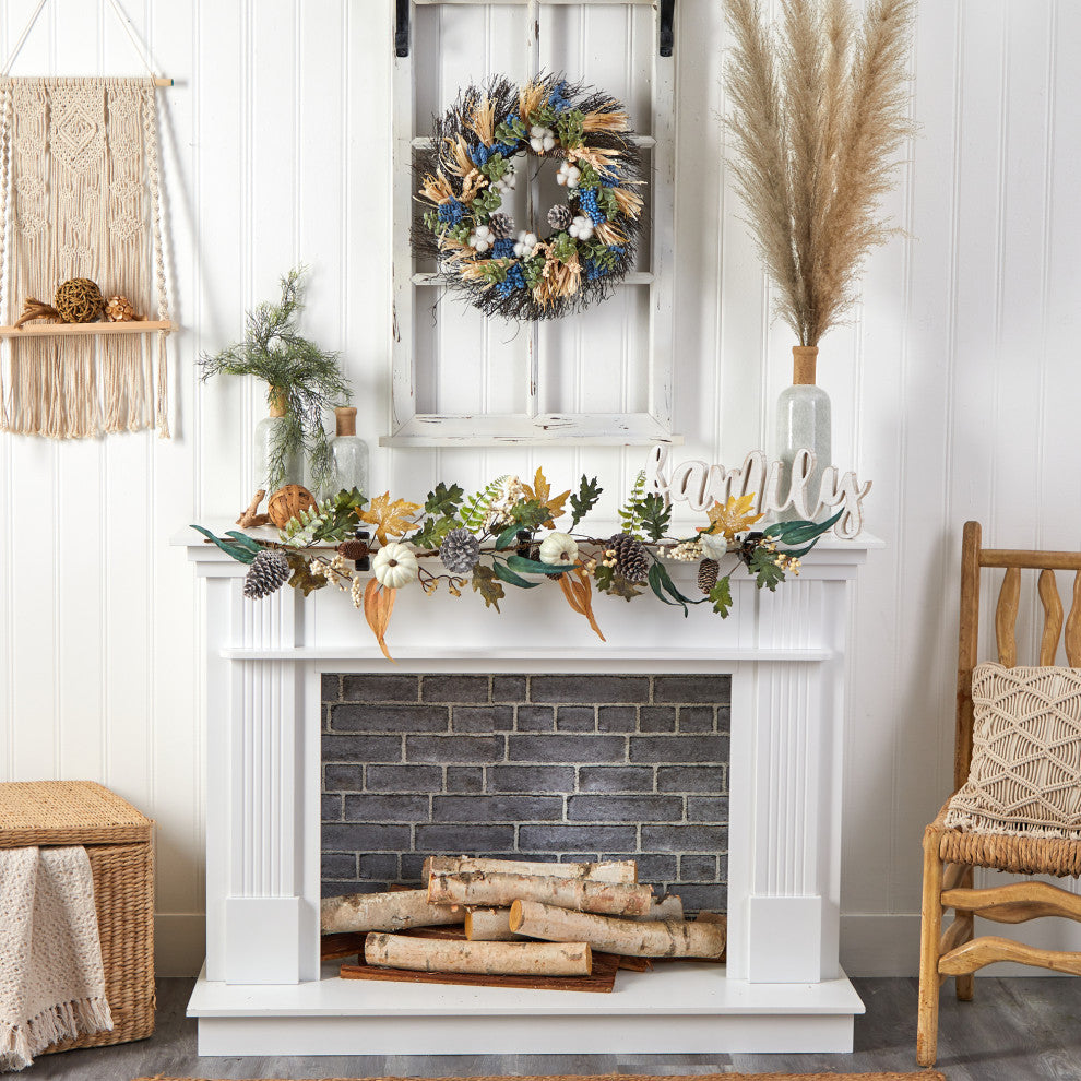22" Autumn Cotton, Eucalyptus, Berries and Pinecones Artificial Fall Wreath