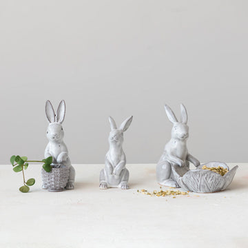 Stoneware Rabbit Figurine with Flower Shaped Bowl, White