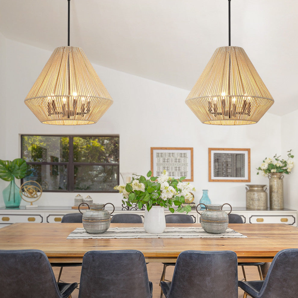 21" 6-Light Rattan Chandelier Light With Black Canopy