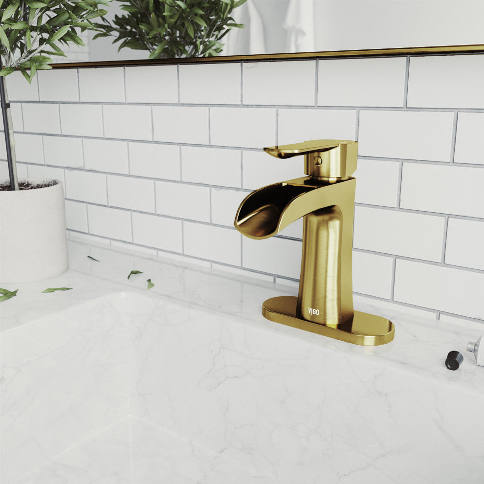 VIGO Paloma 7" H Single Handle Single Hole Bathroom Faucet, Matte Brushed Gold, With Deck Plate