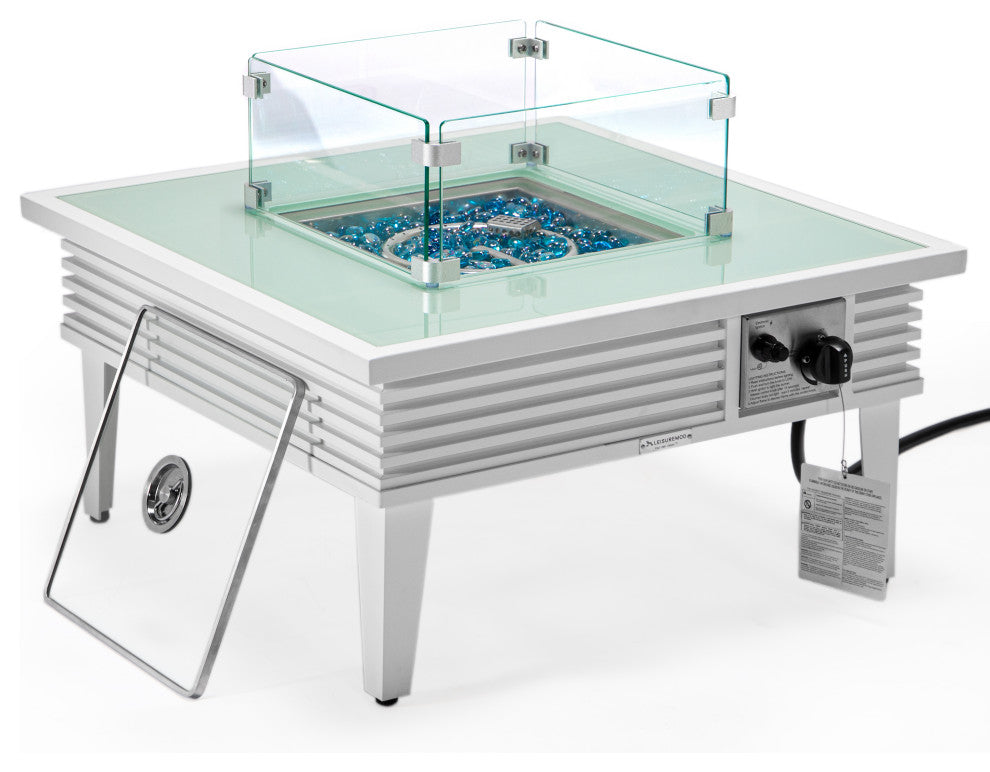 Leisuremod Walbrooke Patio Square Fire Pit Table With Aluminum Slats Frame, White
