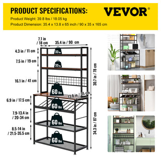 VEVOR Kitchen Bakers Rack with Cabinet 6-Tier Storage Shelf Rack 11 Hooks 65"H