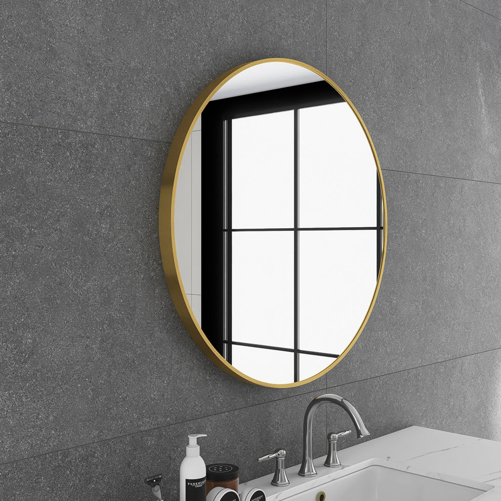 1.57" Wx31.5" H Round Framed Wall Mounted Bathroom Vanity Mirror, Brushed Gold