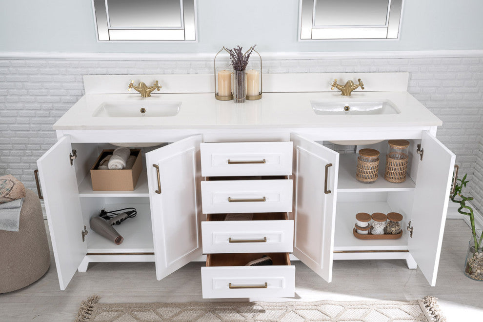 Albia Collection 72" Bathroom Vanity With Sink, Mirror, Countertop, White