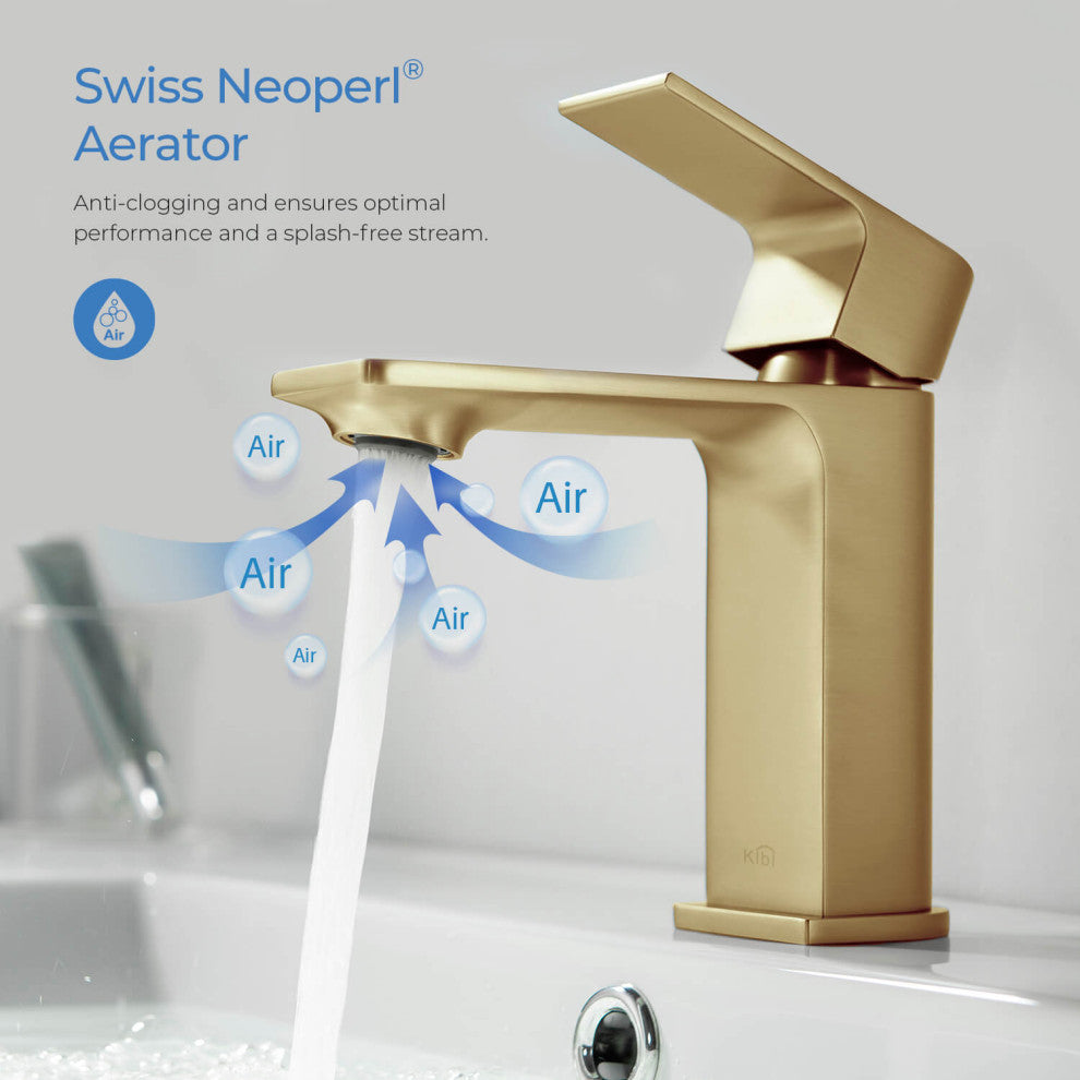KIBI Mirage Single Handle Bathroom Faucet, Brush Gold, With Drain