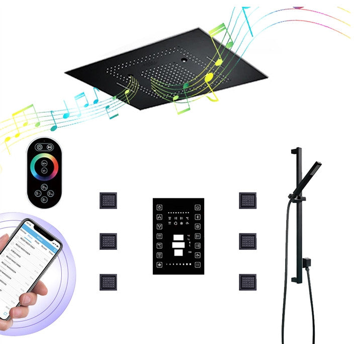 LED 23*31" Matte Black Remote Controlled Musical Shower System and 6 Body Jets
