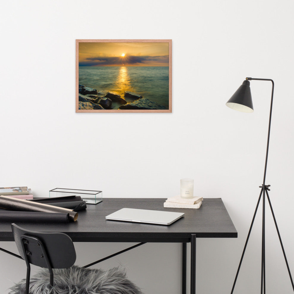 Sun Ray on the Water Coastal Landscape Framed Photo Paper Wall Art Print, Red Oak, 18" X 24"